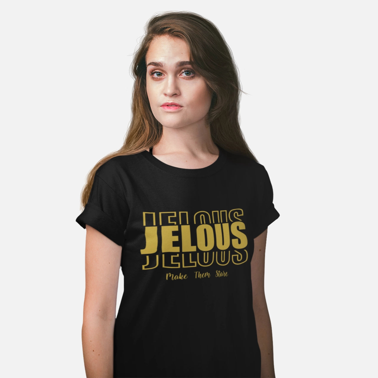 women’s black T-shirt with bold JELOUS Echo Femme graphic print, featuring a statement design for modern streetwear style.