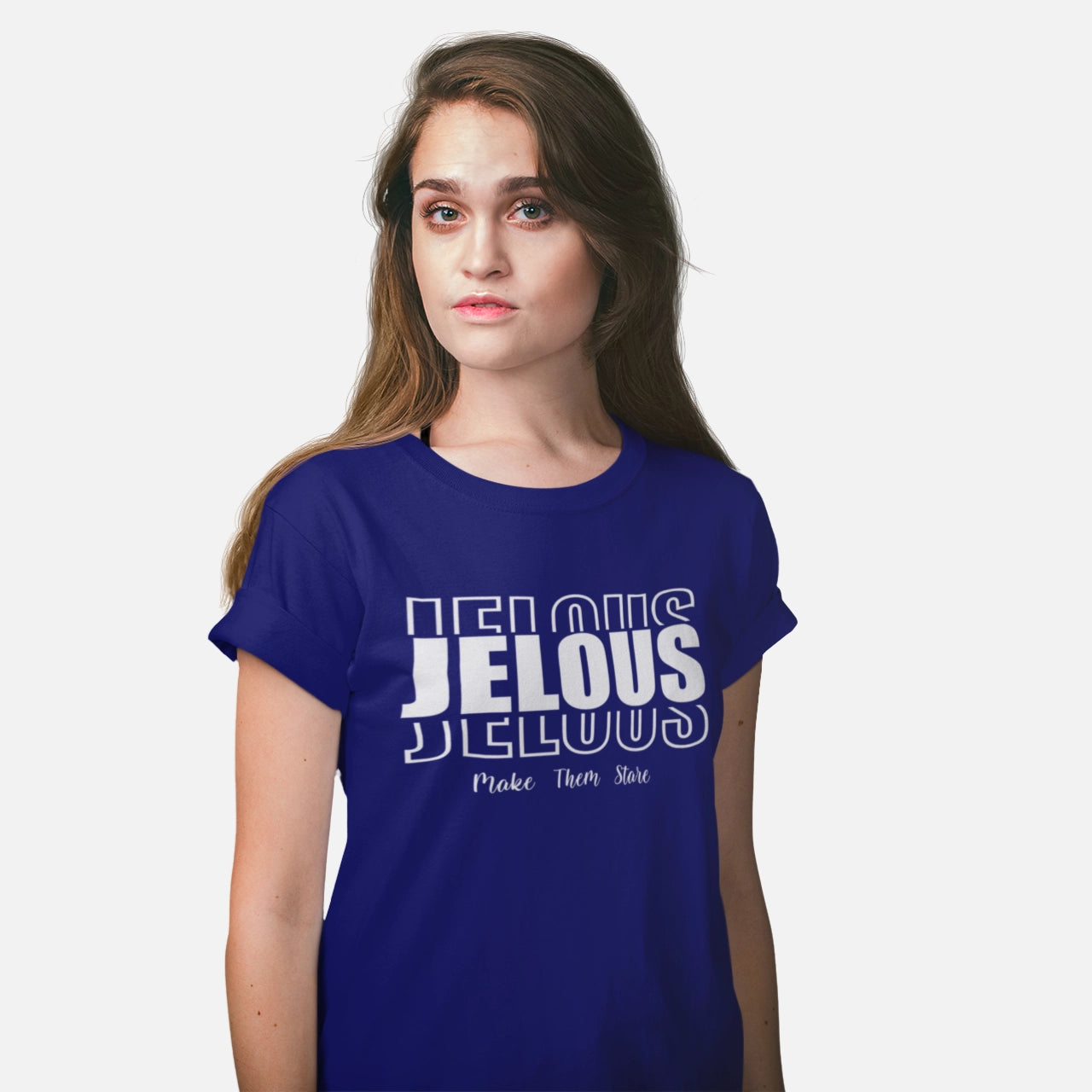 women’s blue T-shirt with bold JELOUS Echo Femme graphic print, featuring a statement design for modern streetwear style.