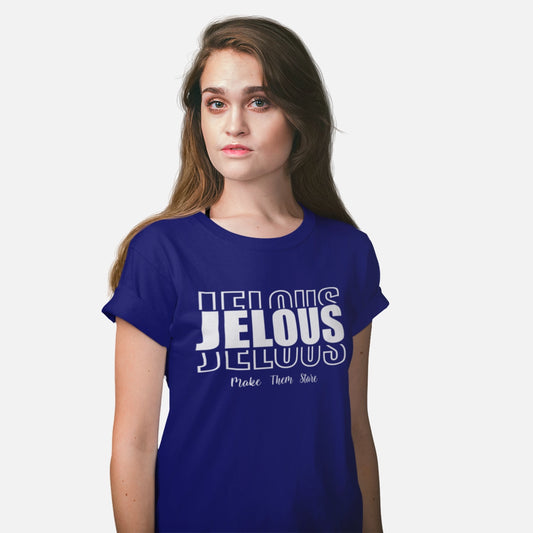 women’s blue T-shirt with bold JELOUS Echo Femme graphic print, featuring a statement design for modern streetwear style.