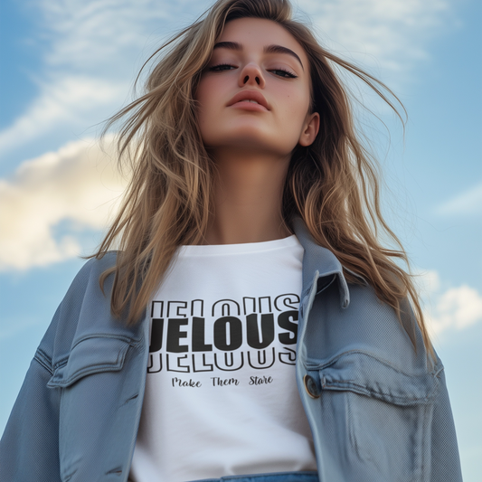 women’s White T-shirt with bold JELOUS Echo Femme graphic print, featuring a statement design for modern streetwear style.
