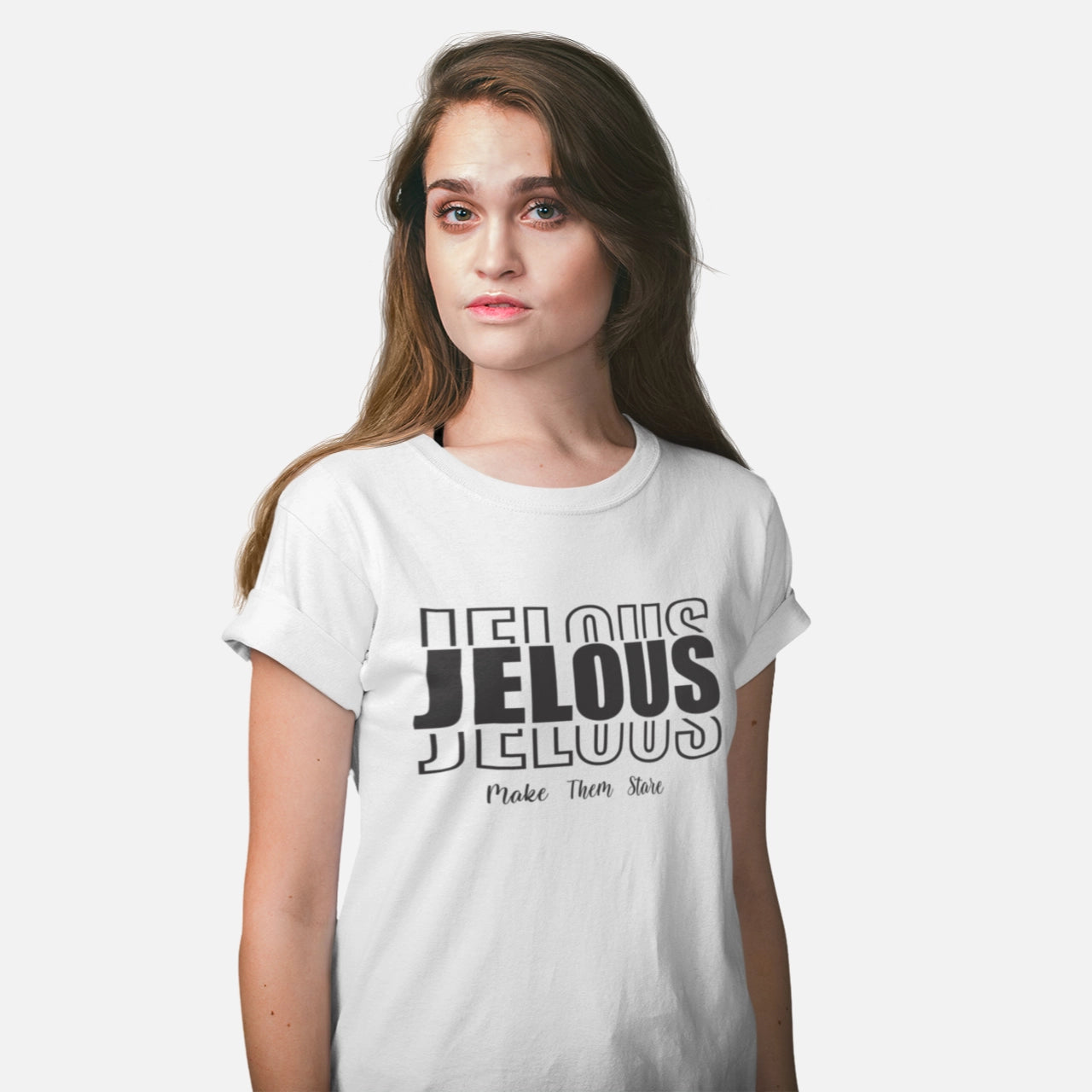 women’s White T-shirt with bold JELOUS Echo Femme graphic print, featuring a statement design for modern streetwear style.