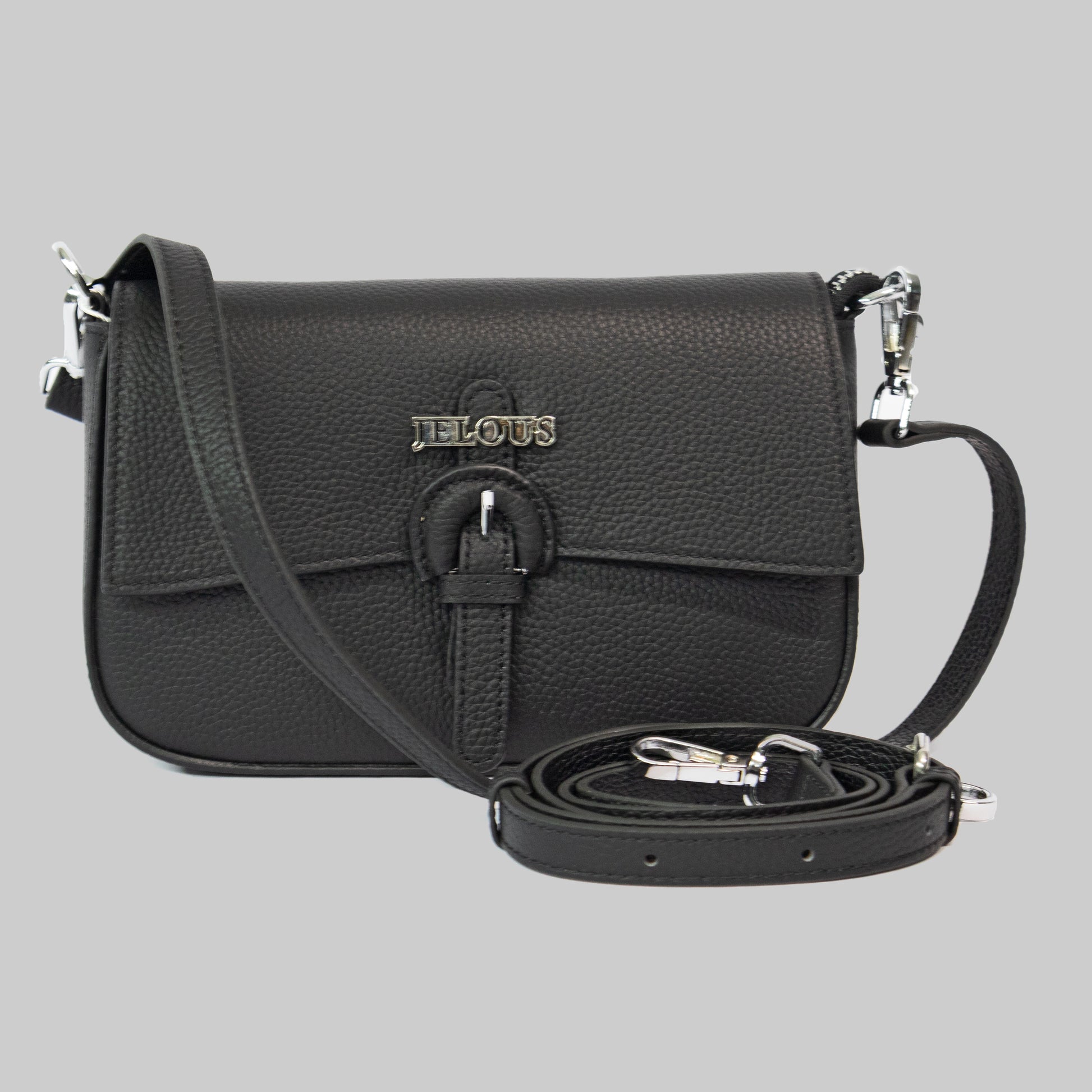 JELOUS  black Arden cowhide leather shoulder bag with two detachable straps, inner pocket, zipper & magnetic closure