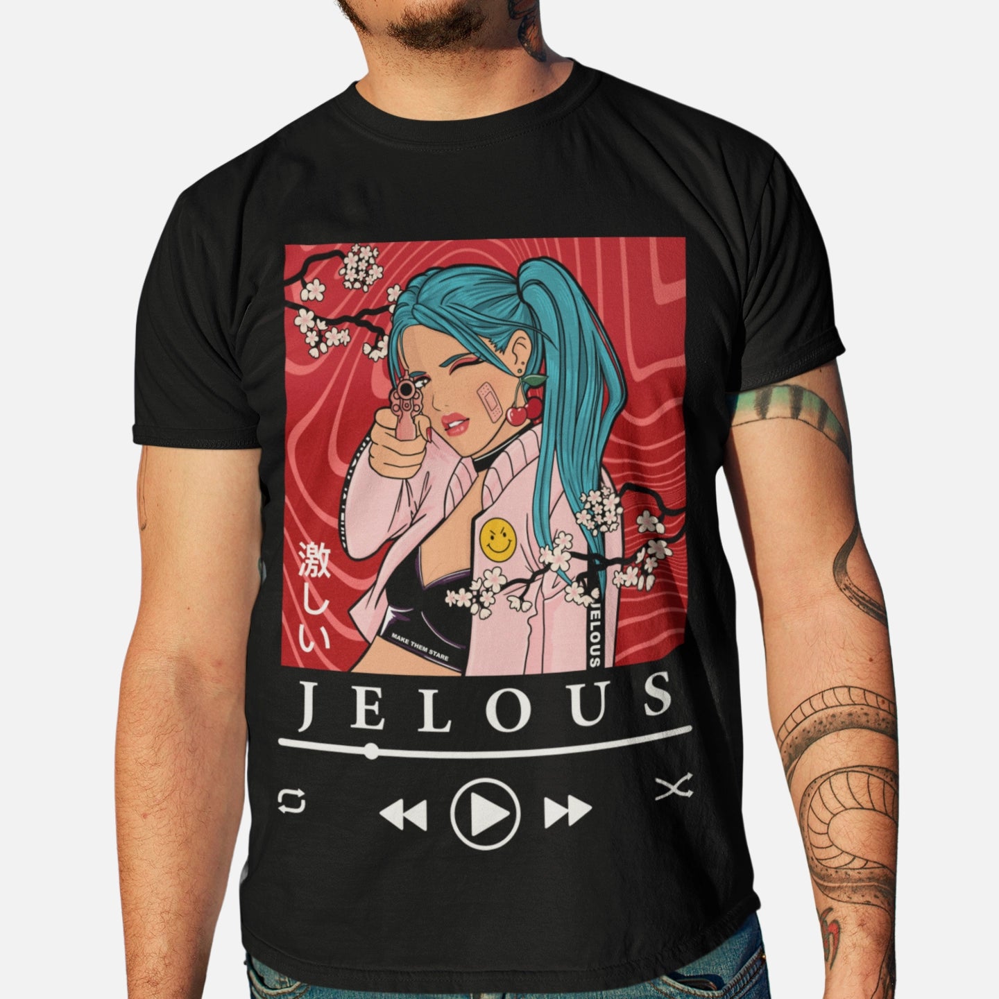 Man wearing Blossom Killer black graphic streetwear t-shirt with anime-inspired cherry blossom and gun design, 100% cotton, regular fit