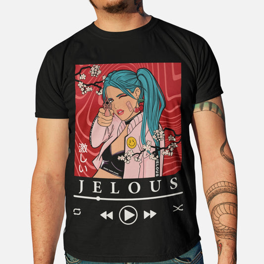 Man wearing Blossom Killer black graphic streetwear t-shirt with anime-inspired cherry blossom and gun design, 100% cotton, regular fit