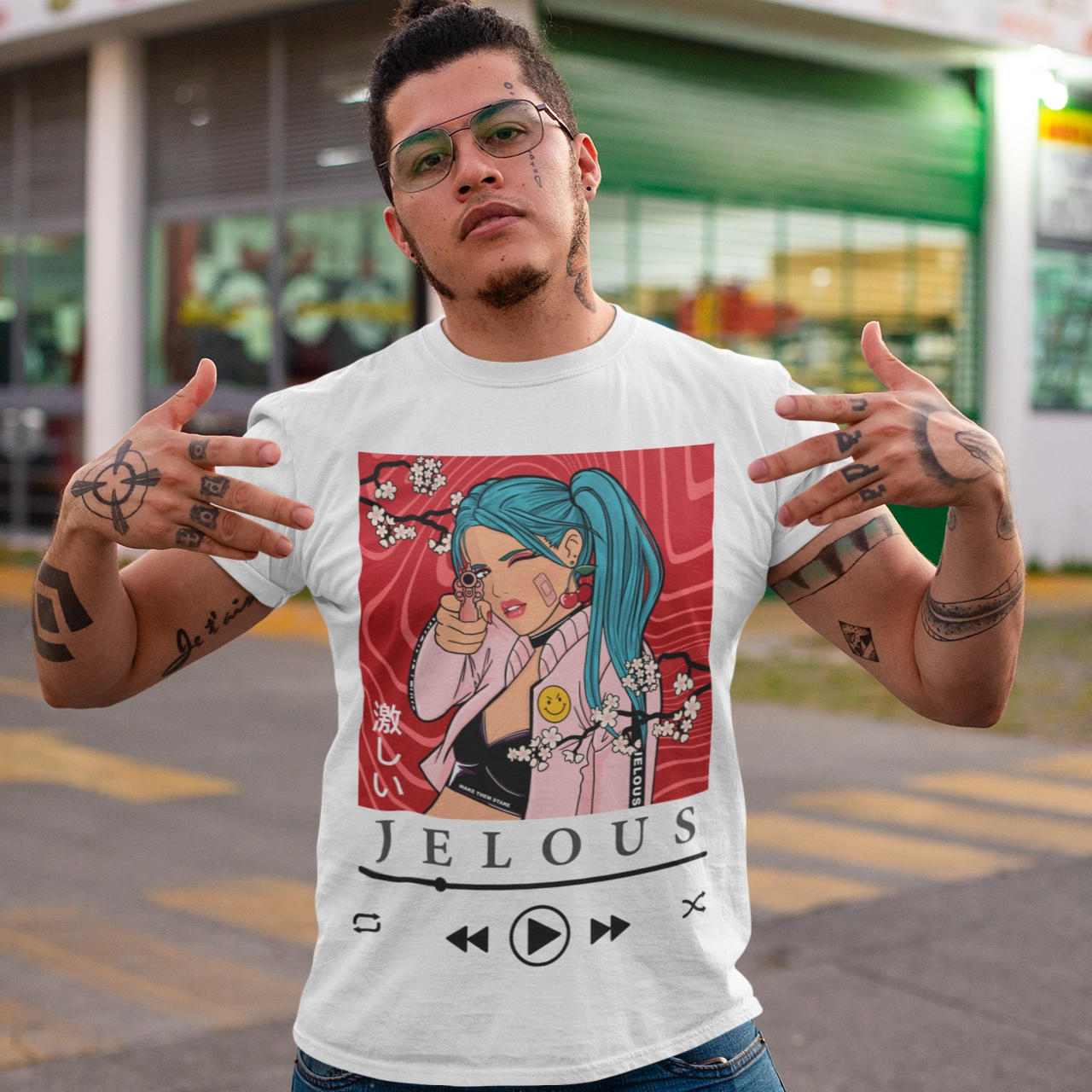 Man wearing Blossom Killer white graphic streetwear t-shirt with anime-inspired cherry blossom and gun design, 100% cotton, regular fit