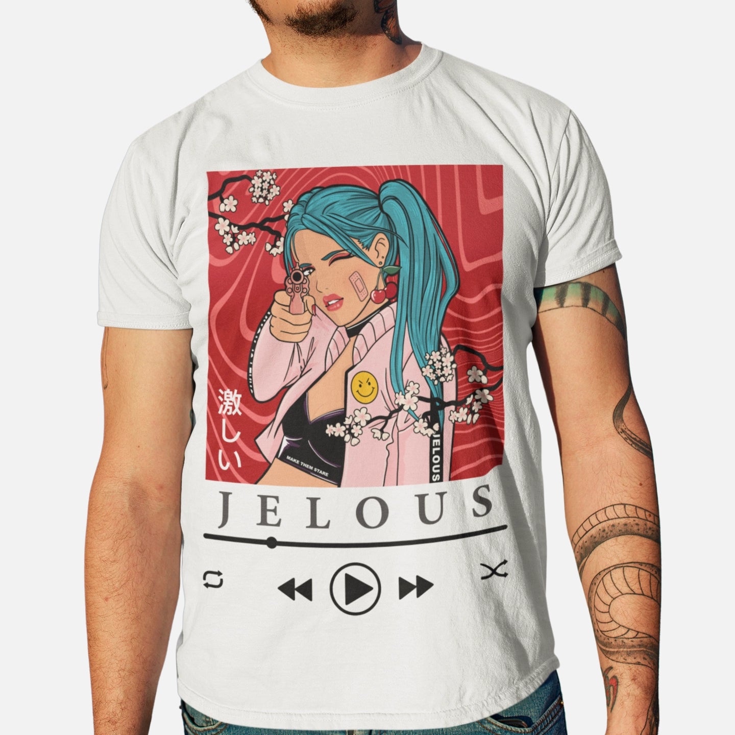 Man wearing Blossom Killer white graphic streetwear t-shirt with anime-inspired cherry blossom and gun design, 100% cotton, regular fit