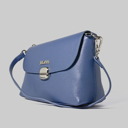 JELOUS Cortese luxury leather handbag in blue with silver turn-lock closure and detachable strap.