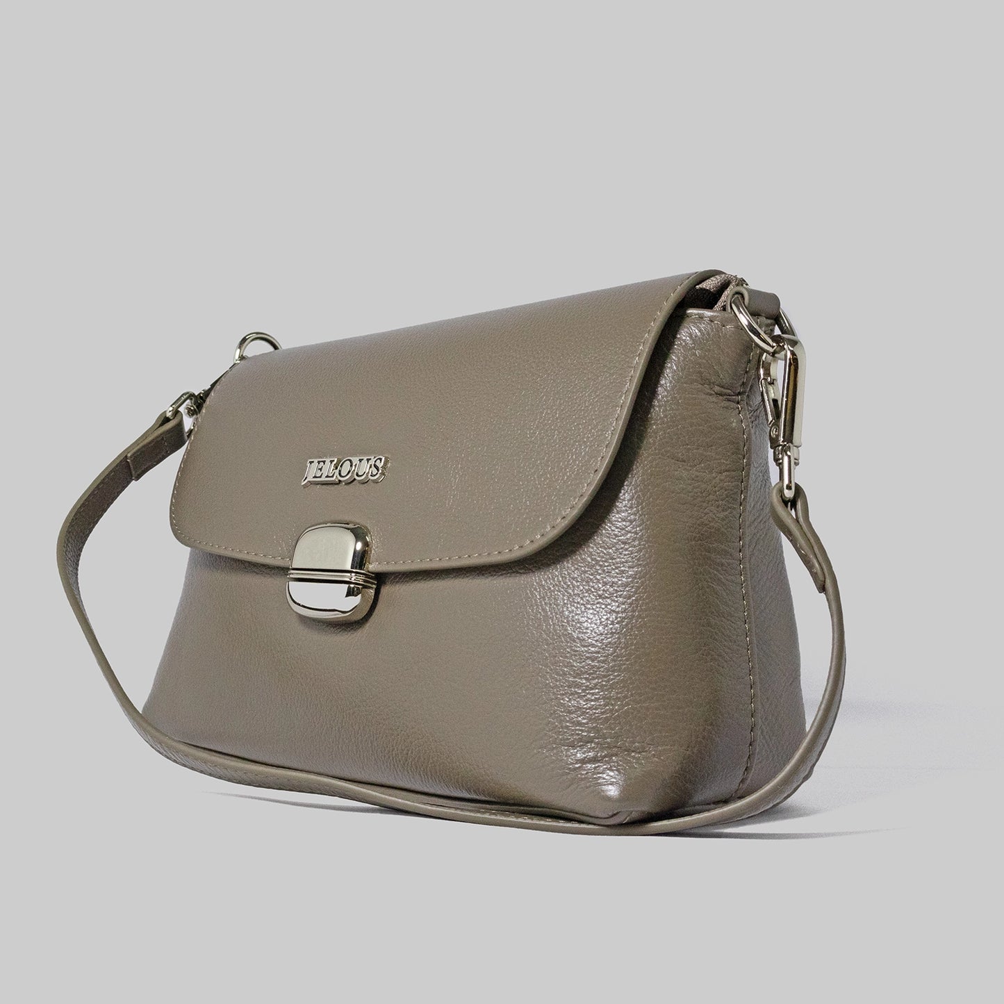 JELOUS Cortese luxury leather handbag in brown with silver turn-lock closure and detachable strap.