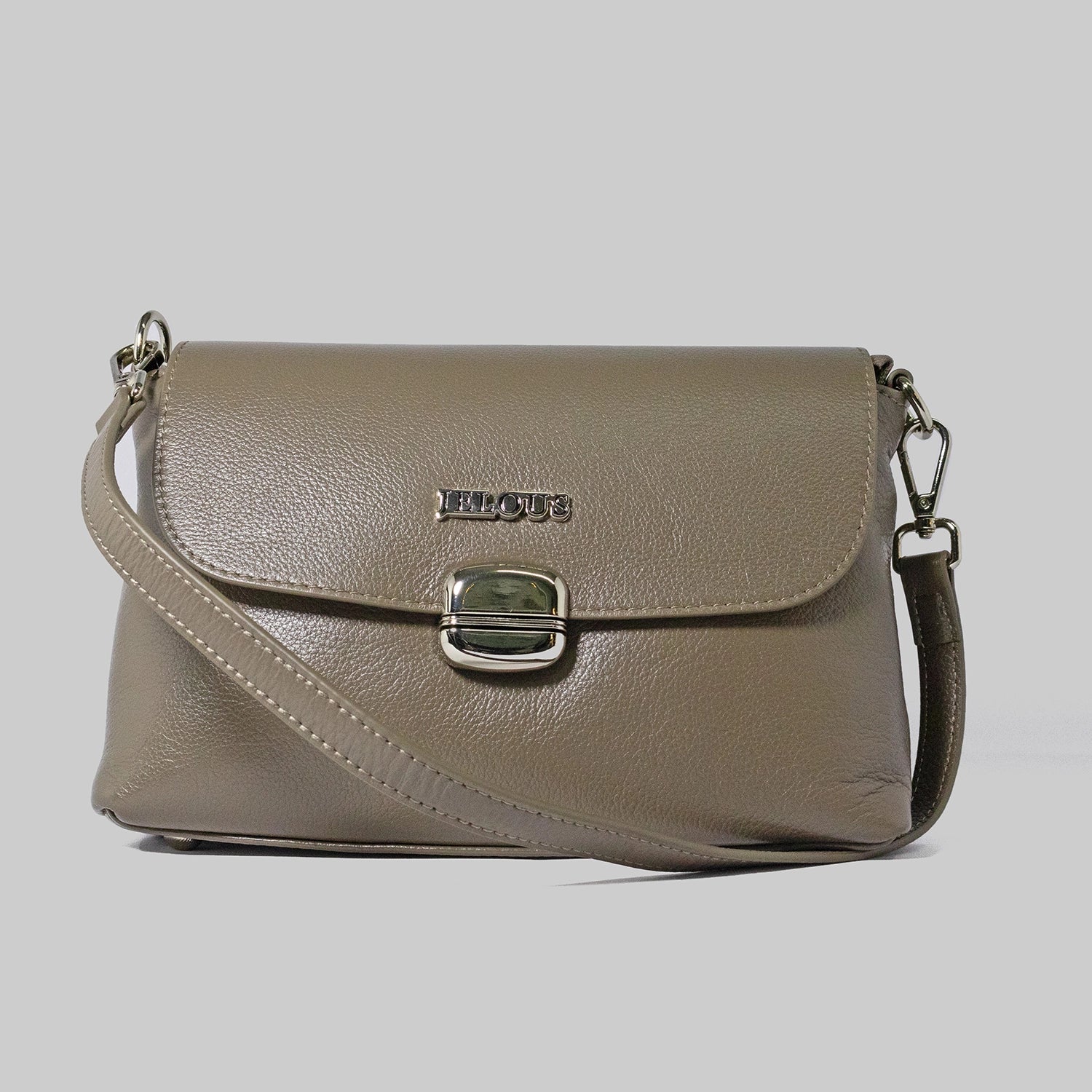 JELOUS Cortese luxury leather handbag in brown with silver turn-lock closure and detachable strap.