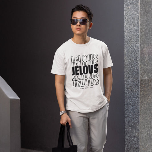 Man wearing JELOUS Echo Tee in white with bold stacked logo design, casual fit cotton t-shirt