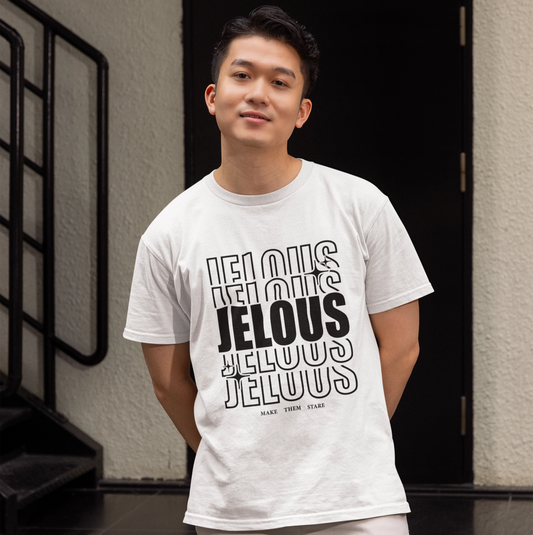 Man wearing JELOUS Echo Tee in white with bold stacked logo design, casual fit cotton t-shirt