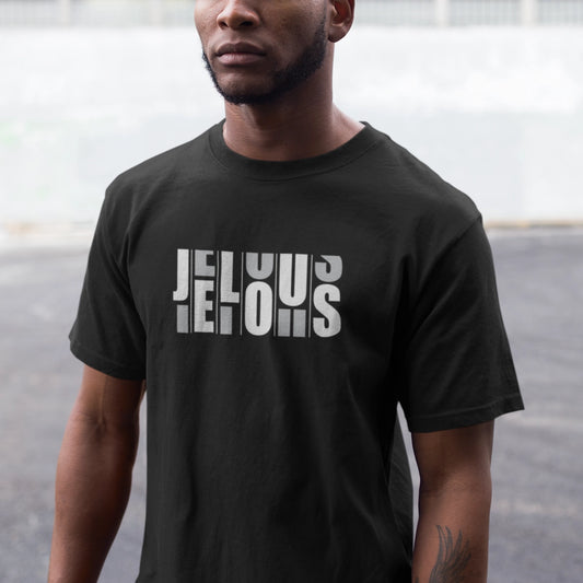 Man wearing a blue JELOUS Grid black Tee with bold white print, casual short-sleeve 100% cotton regular fit t-shirt for men