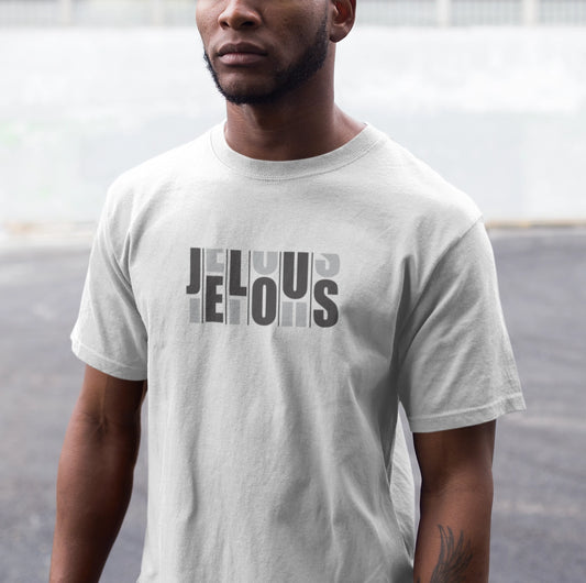Man wearing a blue JELOUS Grid white Tee with bold white print, casual short-sleeve 100% cotton regular fit t-shirt for men