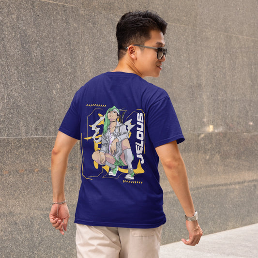 Back view of men’s blue streetwear t-shirt with anime-inspired graphic print and JELOUS logo, 100% cotton, regular fit