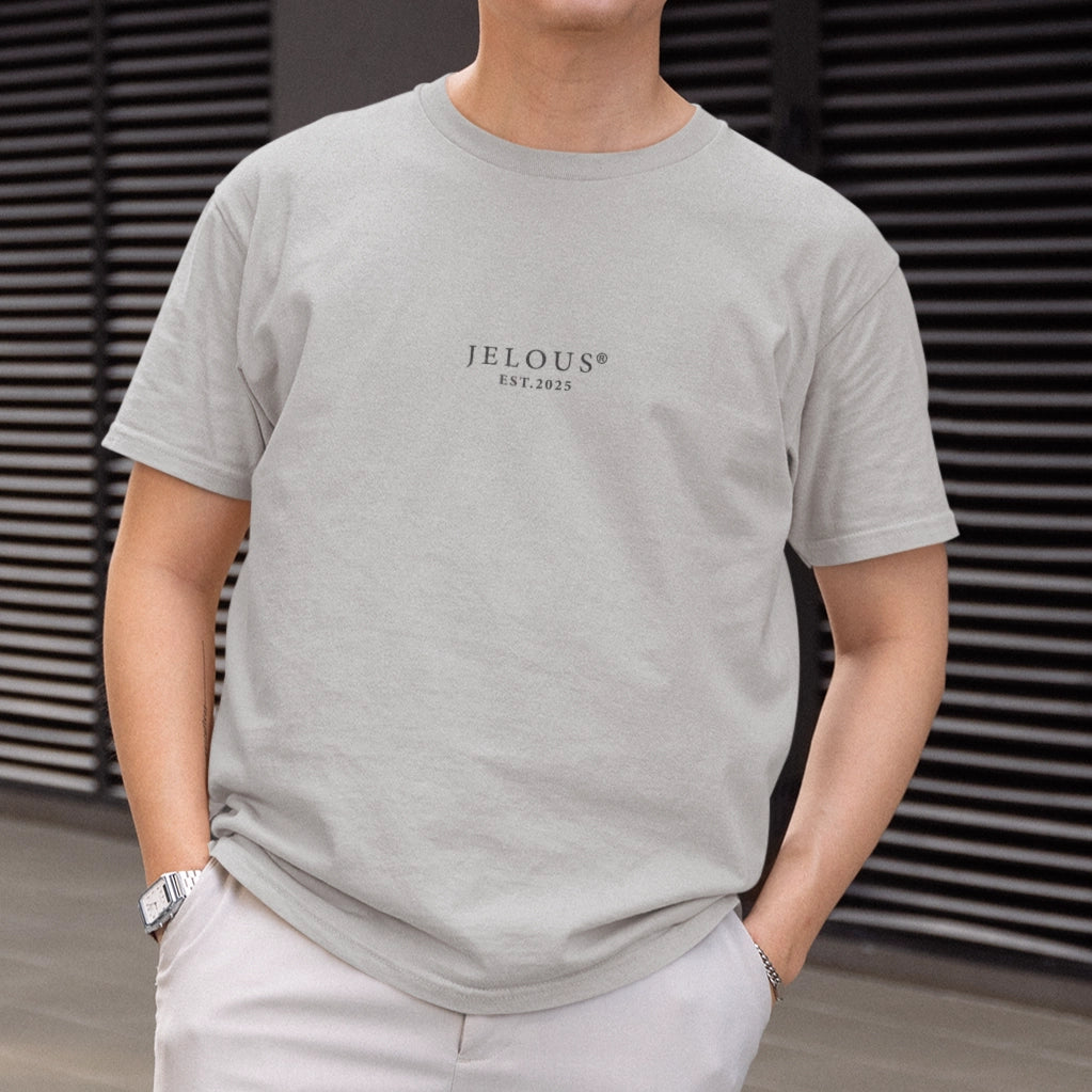 Back view of men’s white streetwear t-shirt with anime-inspired graphic print and JELOUS logo, 100% cotton, regular fit