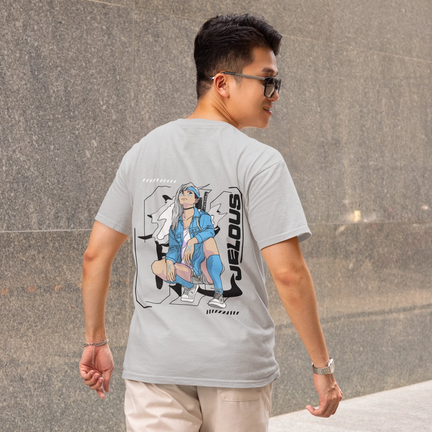 Back view of men’s grey streetwear t-shirt with anime-inspired graphic print and JELOUS logo, 100% cotton, regular fit