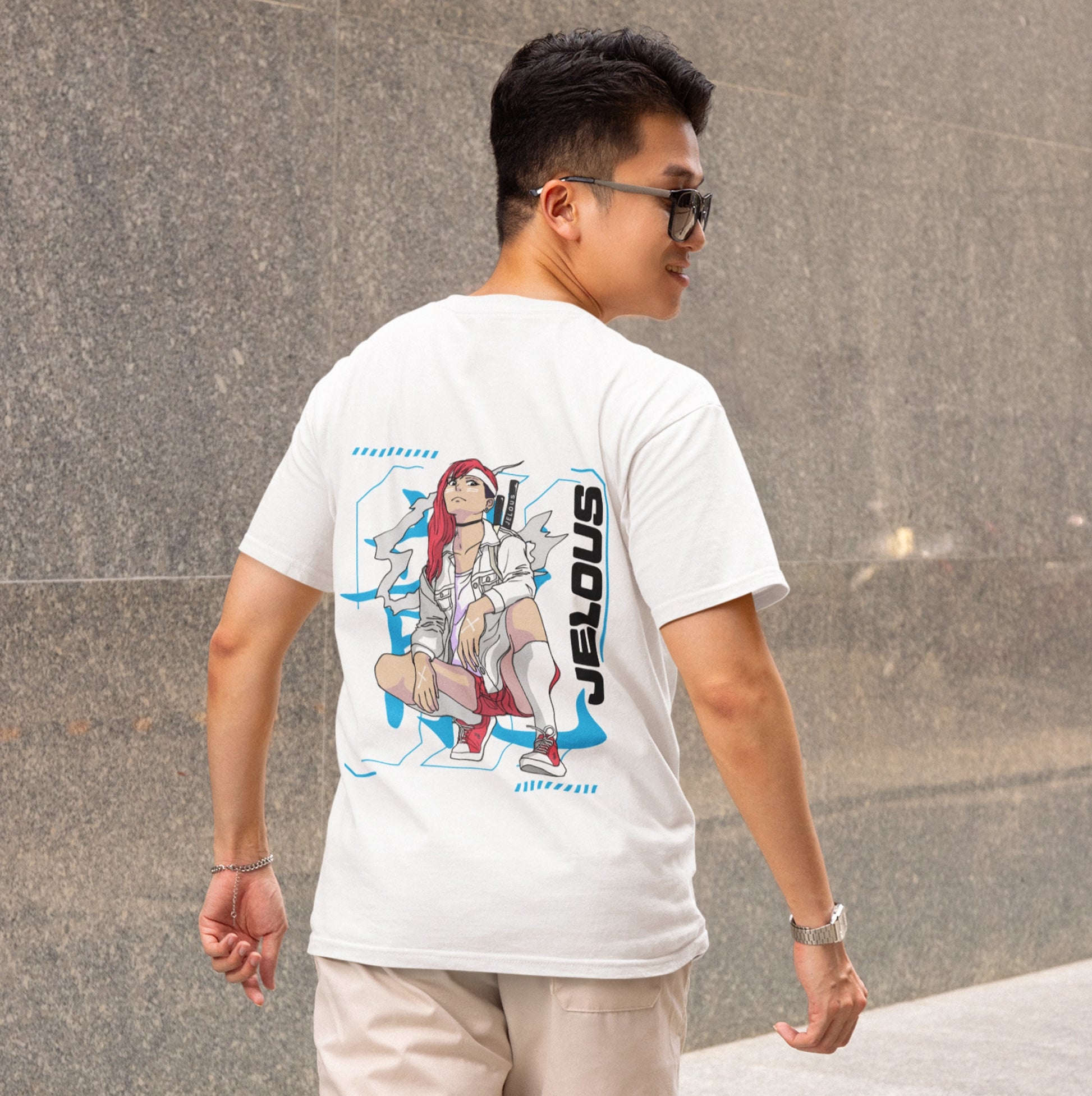 Back view of men’s white streetwear t-shirt with anime-inspired graphic print and JELOUS logo, 100% cotton, regular fit