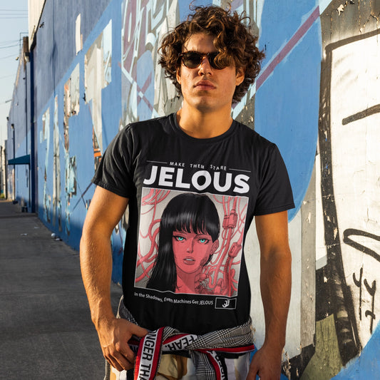 Man wearing Neon Veins black streetwear graphic t-shirt with cyberpunk-inspired anime design, 100% cotton, regular fit