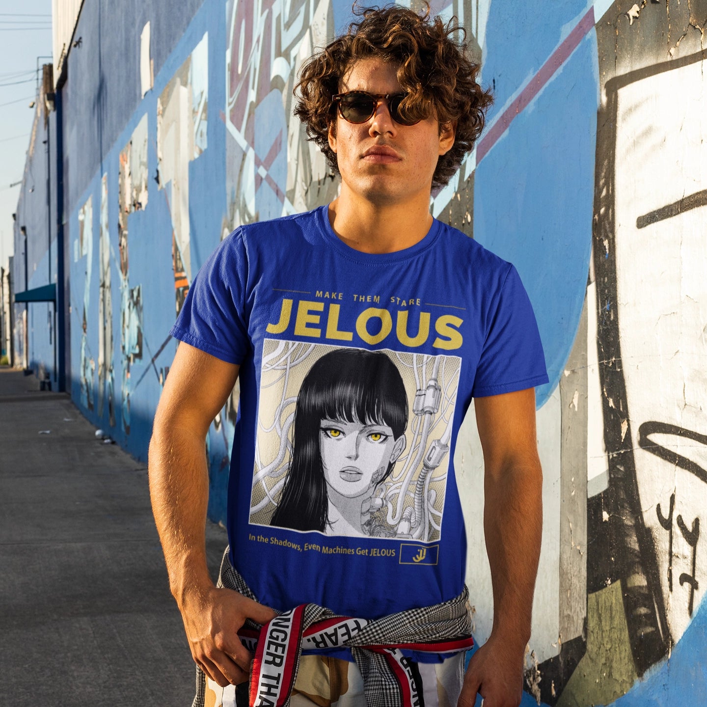 Man wearing Neon Veins blue streetwear graphic t-shirt with cyberpunk-inspired anime design, 100% cotton, regular fit