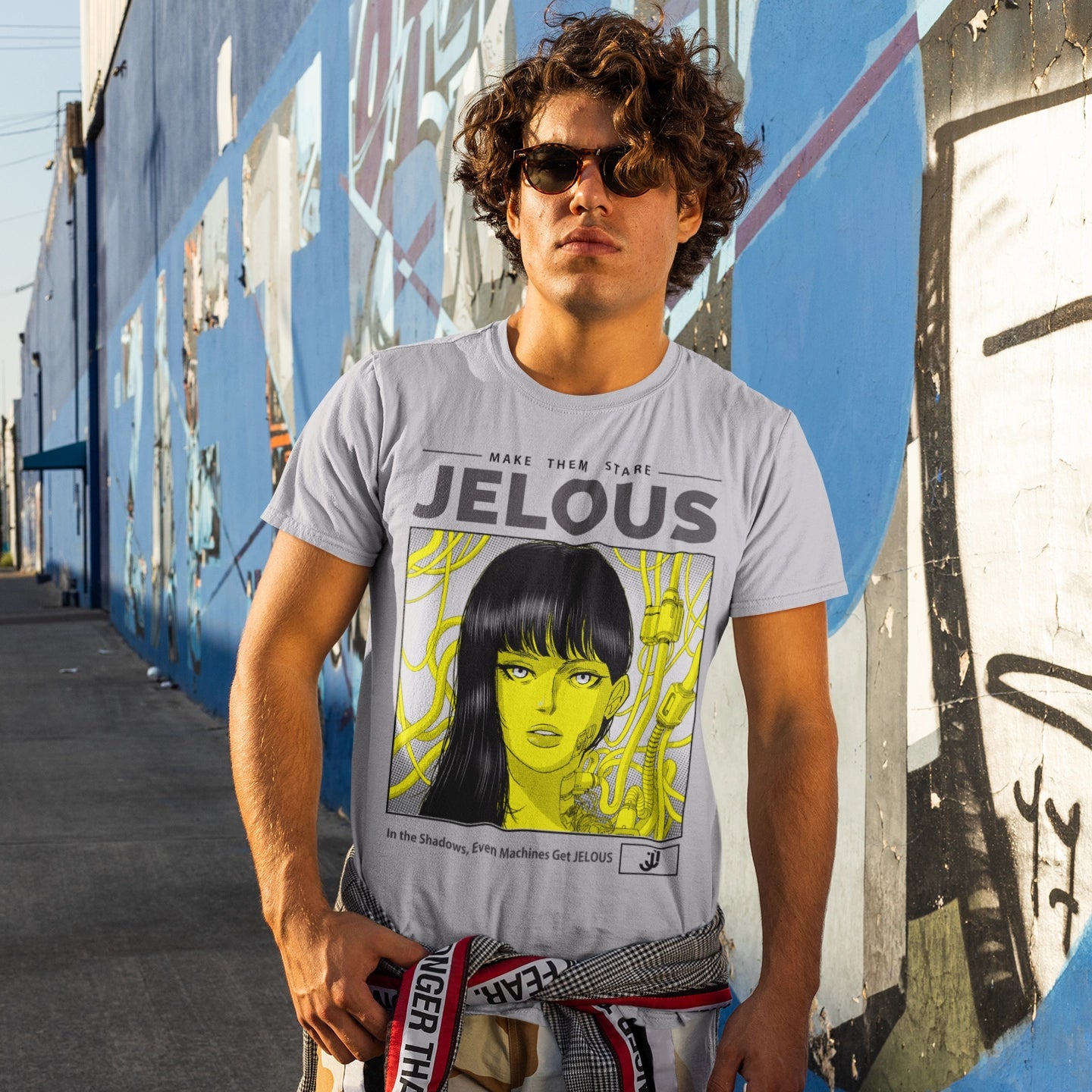 Man wearing Neon Veins gray streetwear graphic t-shirt with cyberpunk-inspired anime design, 100% cotton, regular fit