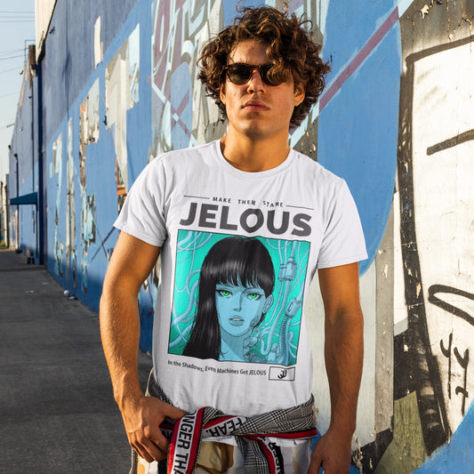 Man wearing Neon Veins white streetwear graphic t-shirt with cyberpunk-inspired anime design, 100% cotton, regular fit