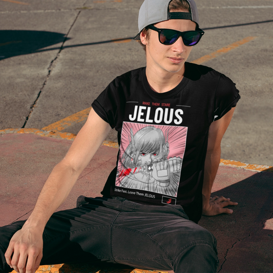 Man wearing JELOUS Red Stare streetwear graphic t-shirt in black with manga-inspired design, regular fit, 100% cotton.