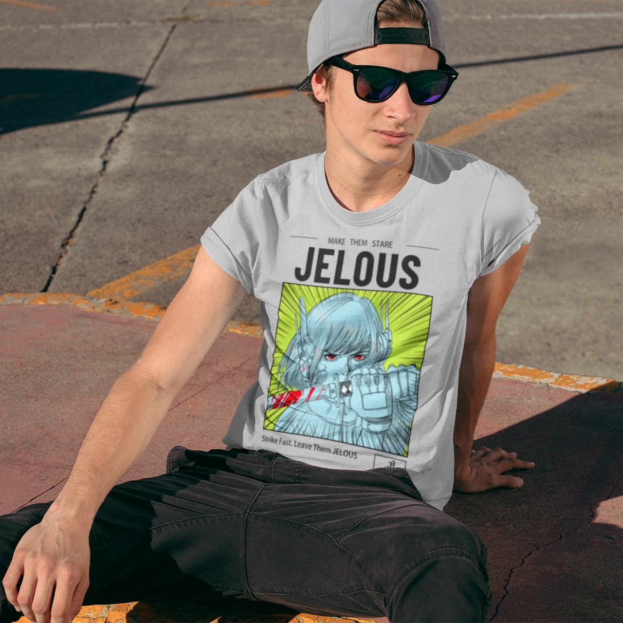 Man wearing JELOUS Red Stare streetwear graphic t-shirt in grey with manga-inspired design, regular fit, 100% cotton.