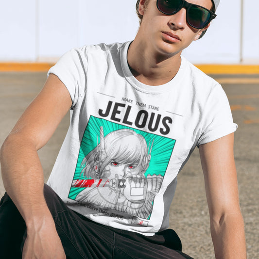 Man wearing JELOUS Red Stare streetwear graphic t-shirt in white with manga-inspired design, regular fit, 100% cotton.