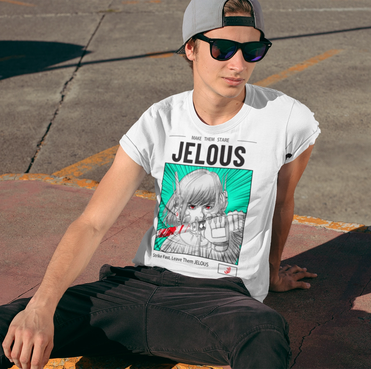 Man wearing JELOUS Red Stare streetwear graphic t-shirt in white with manga-inspired design, regular fit, 100% cotton.