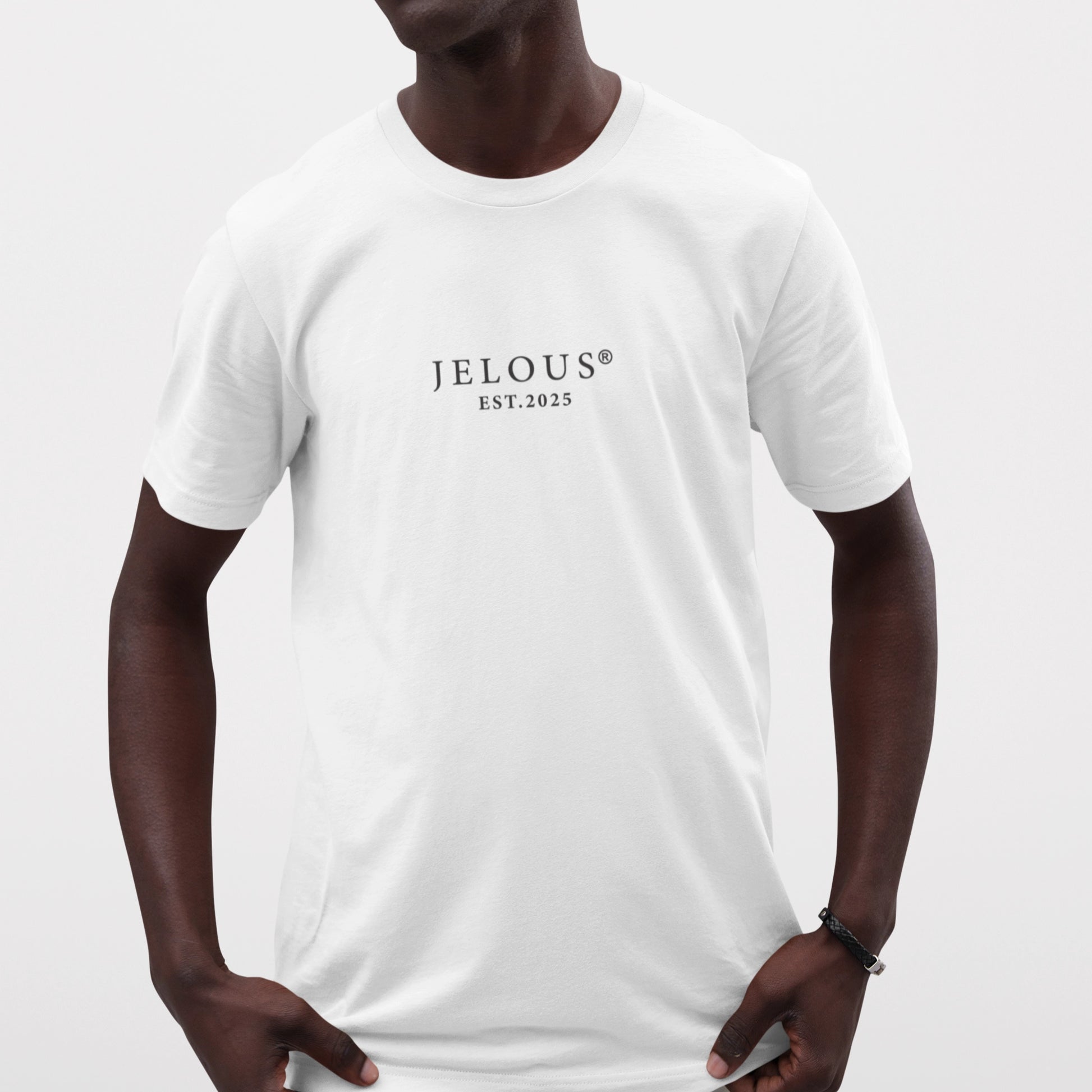 Back view of men’s white streetwear t-shirt with bold futuristic warrior graphic print and JELOUS logo, 100% cotton, regular fit