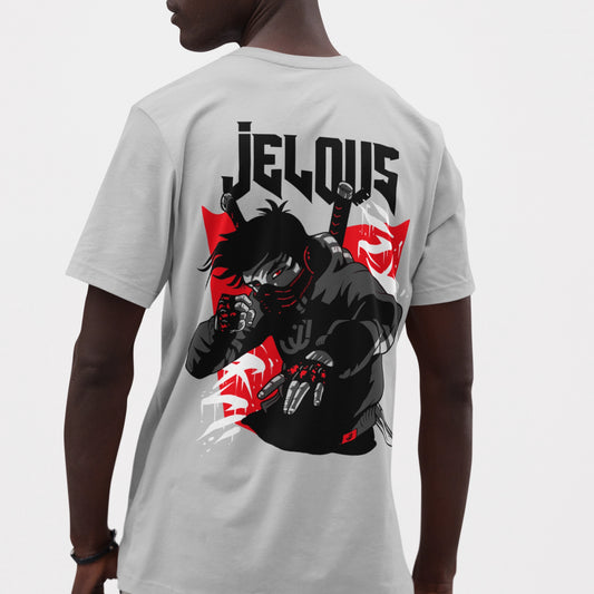 Back view of men’s white streetwear t-shirt with bold futuristic warrior graphic print and JELOUS logo, 100% cotton, regular fit