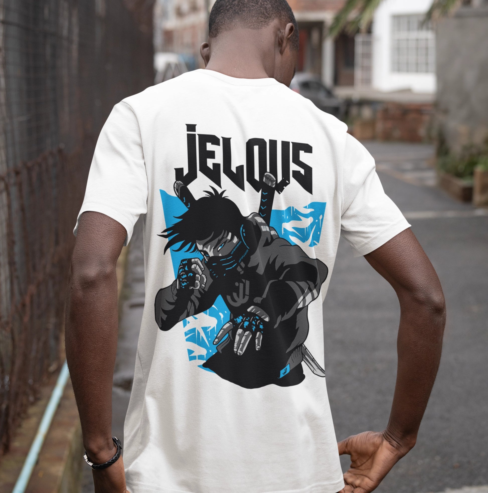 Back view of men’s white streetwear t-shirt with bold futuristic warrior graphic print and JELOUS logo, 100% cotton, regular fit