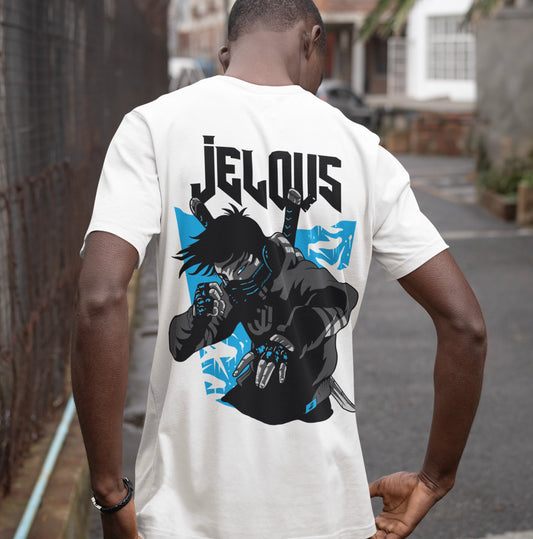 Back view of men’s white streetwear t-shirt with bold futuristic warrior graphic print and JELOUS logo, 100% cotton, regular fit