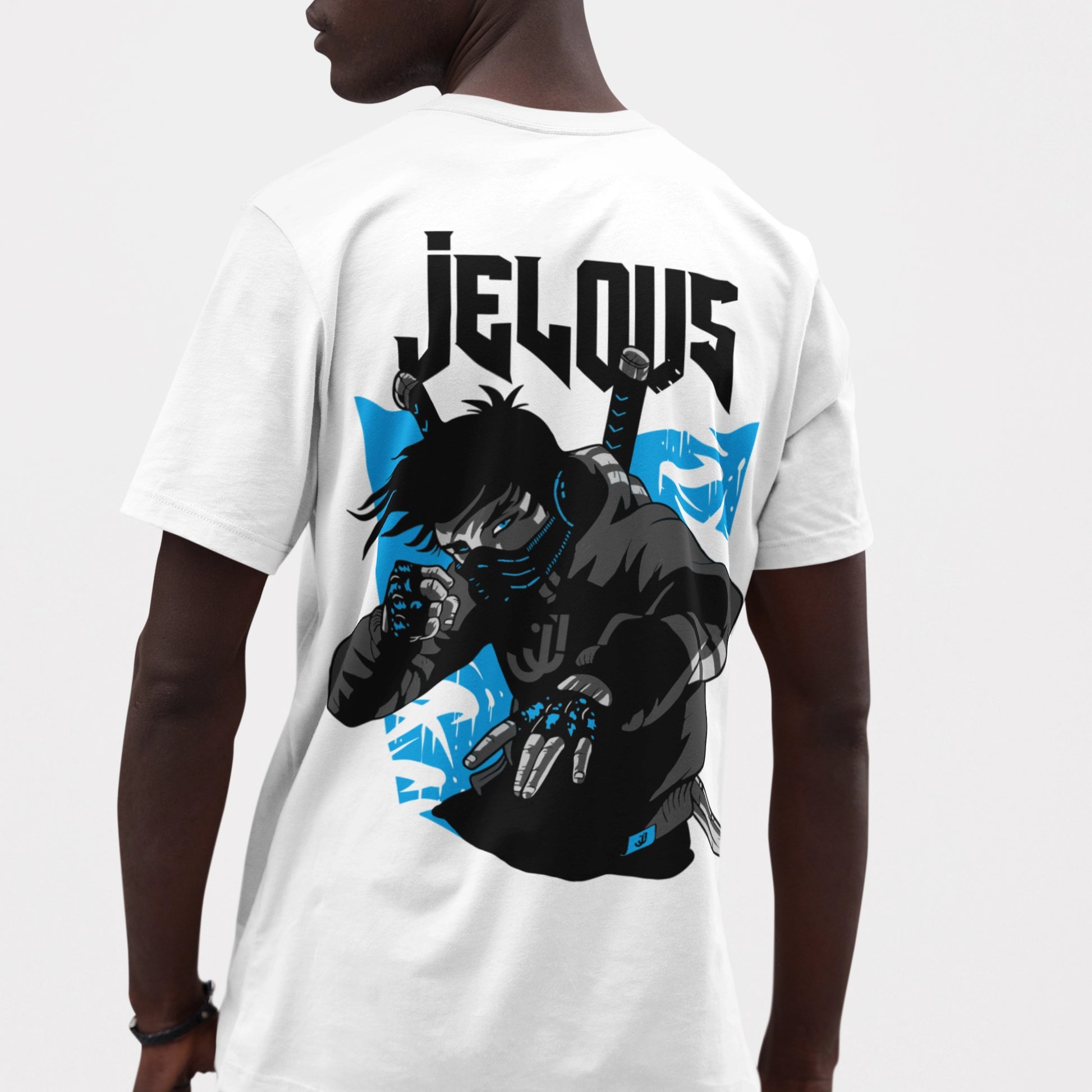 Back view of men’s white streetwear t-shirt with bold futuristic warrior graphic print and JELOUS logo, 100% cotton, regular fit