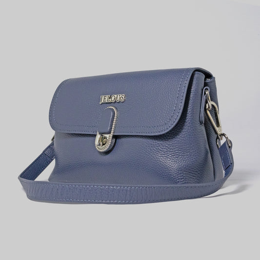 JELOUS blue Valmere genuine leather shoulder bag with two compartments, zipper, and turn-lock closure