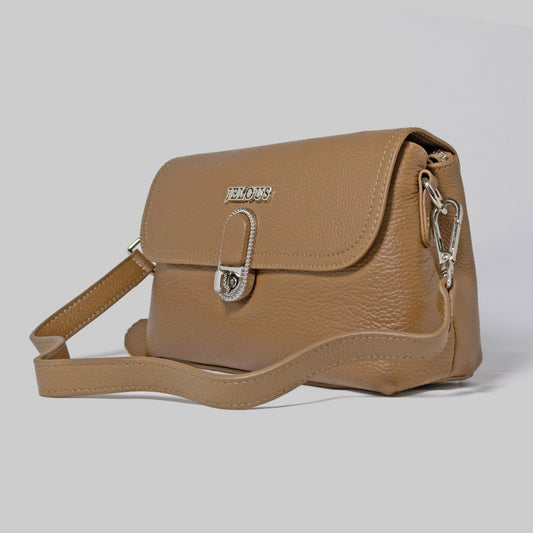 JELOUS brown Valmere genuine leather shoulder bag with two compartments, zipper, and turn-lock closure
