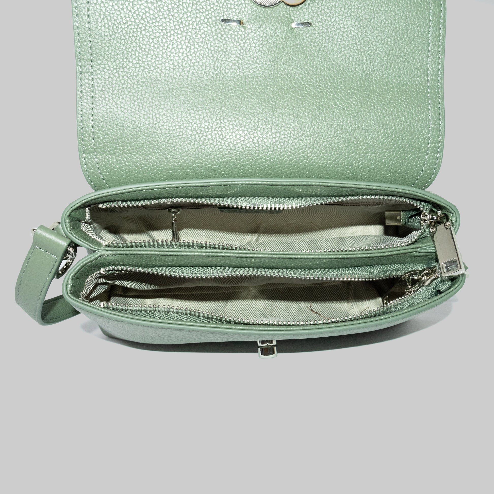 JELOUS green Valmere genuine leather shoulder bag with two compartments, zipper, and turn-lock closure