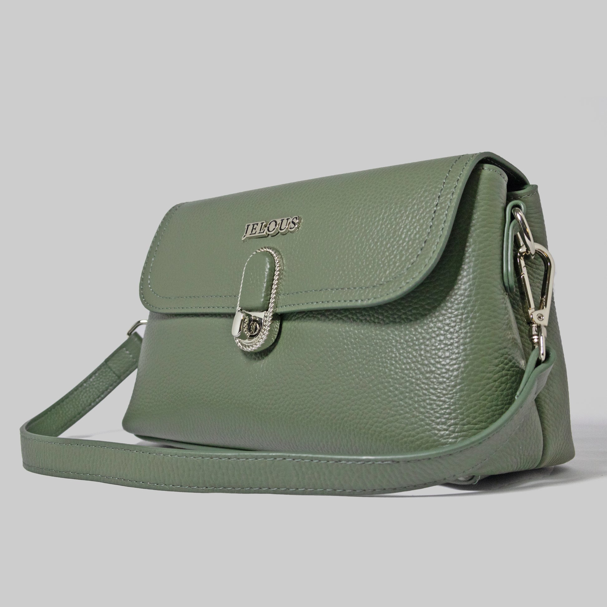 JELOUS green Valmere genuine leather shoulder bag with two compartments, zipper, and turn-lock closure