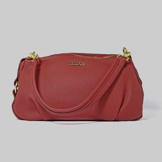 JELOUS Vittoria luxury leather shoulder bag in red with dual zipper compartments and adjustable strap – genuine cowhide handbag for women.
