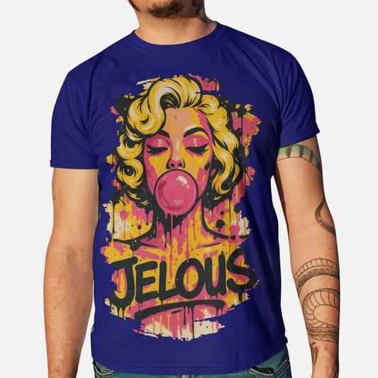 Men’s blue graphic t-shirt with pop art blonde woman blowing bubblegum, JELOUS logo, 100% cotton regular fit streetwear