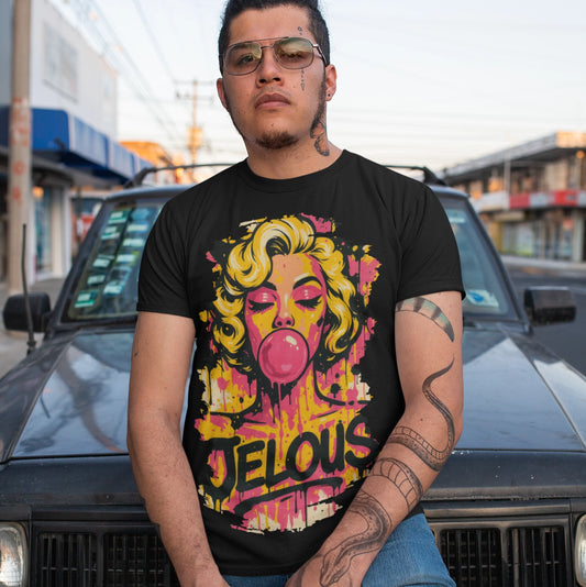 Men’s black graphic t-shirt with pop art blonde woman blowing bubblegum, JELOUS logo, 100% cotton regular fit streetwear