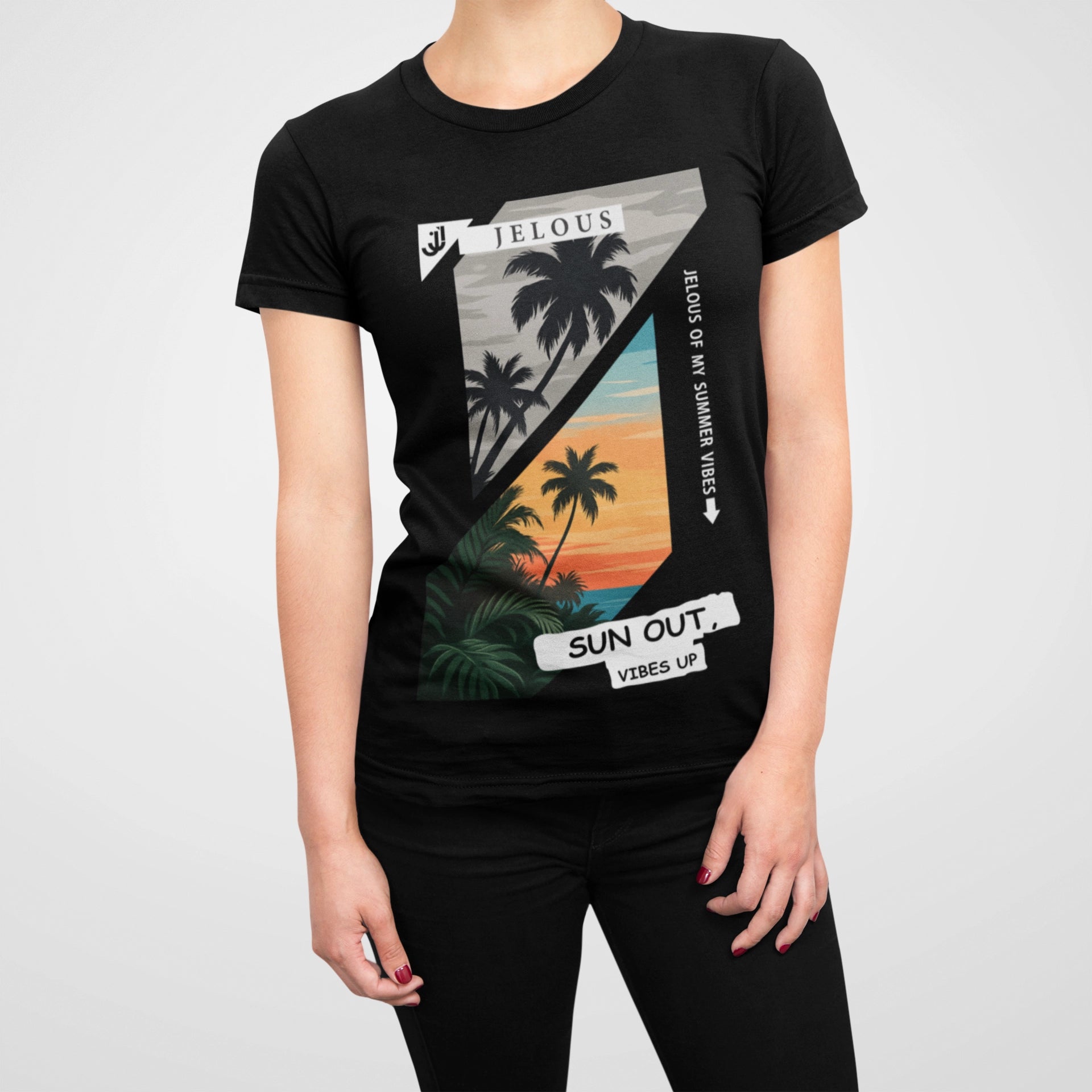black women’s T-shirt with tropical sunset palm print and “Sun Out Vibes Up” summer design by JELOUS.
