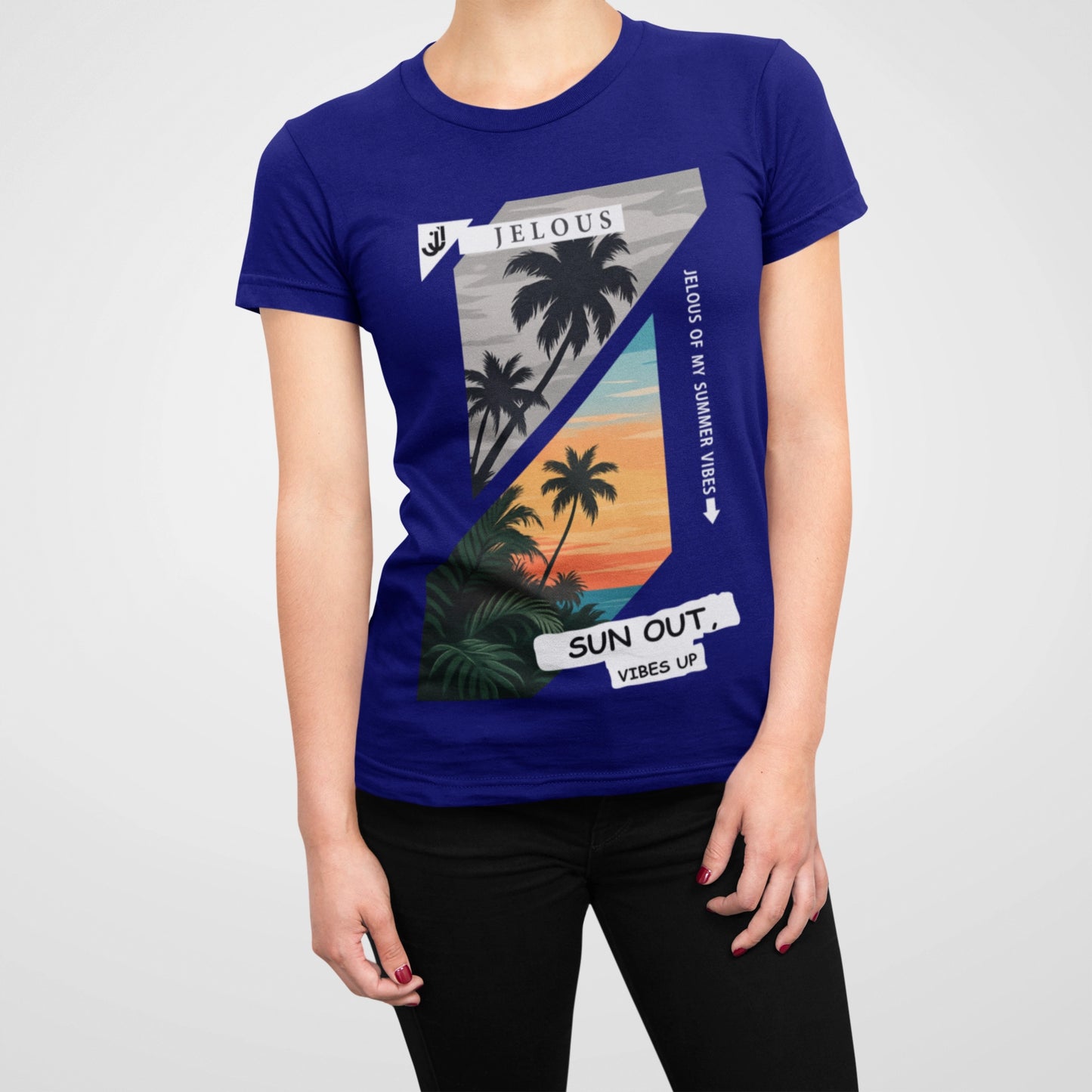 blue women’s T-shirt with tropical sunset palm print and “Sun Out Vibes Up” summer design by JELOUS.