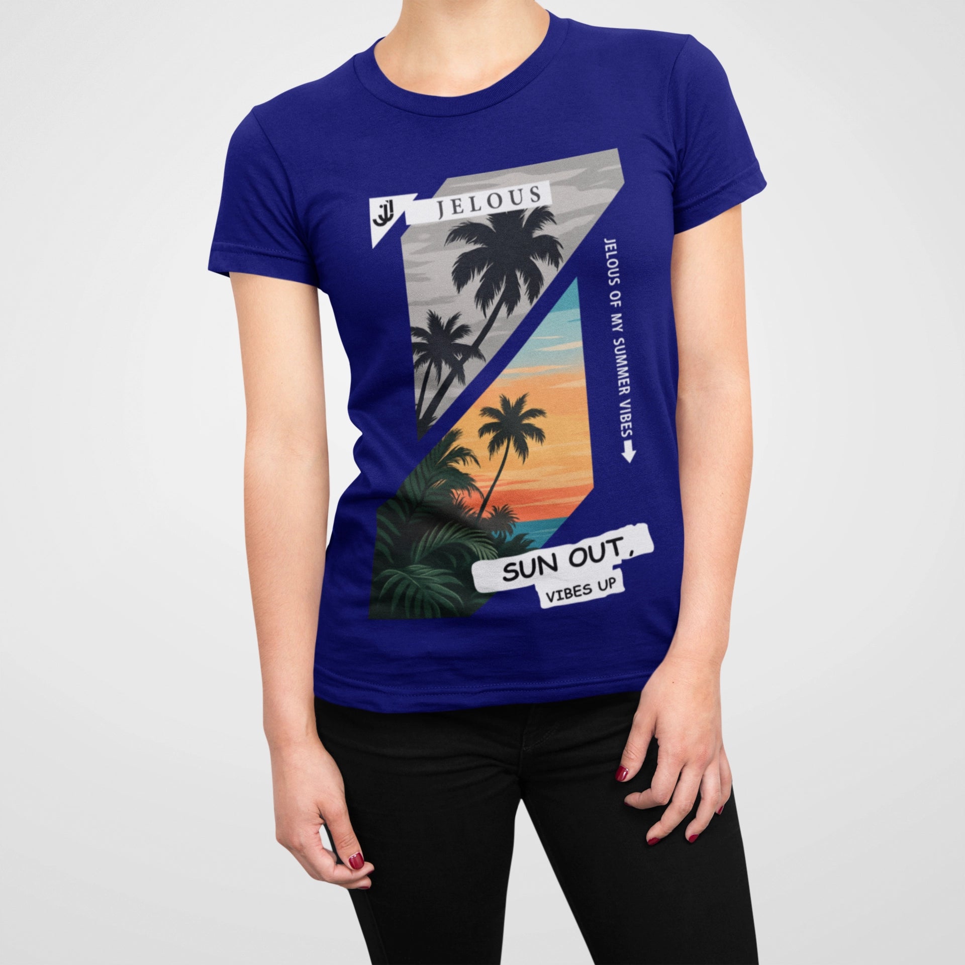 blue women’s T-shirt with tropical sunset palm print and “Sun Out Vibes Up” summer design by JELOUS.