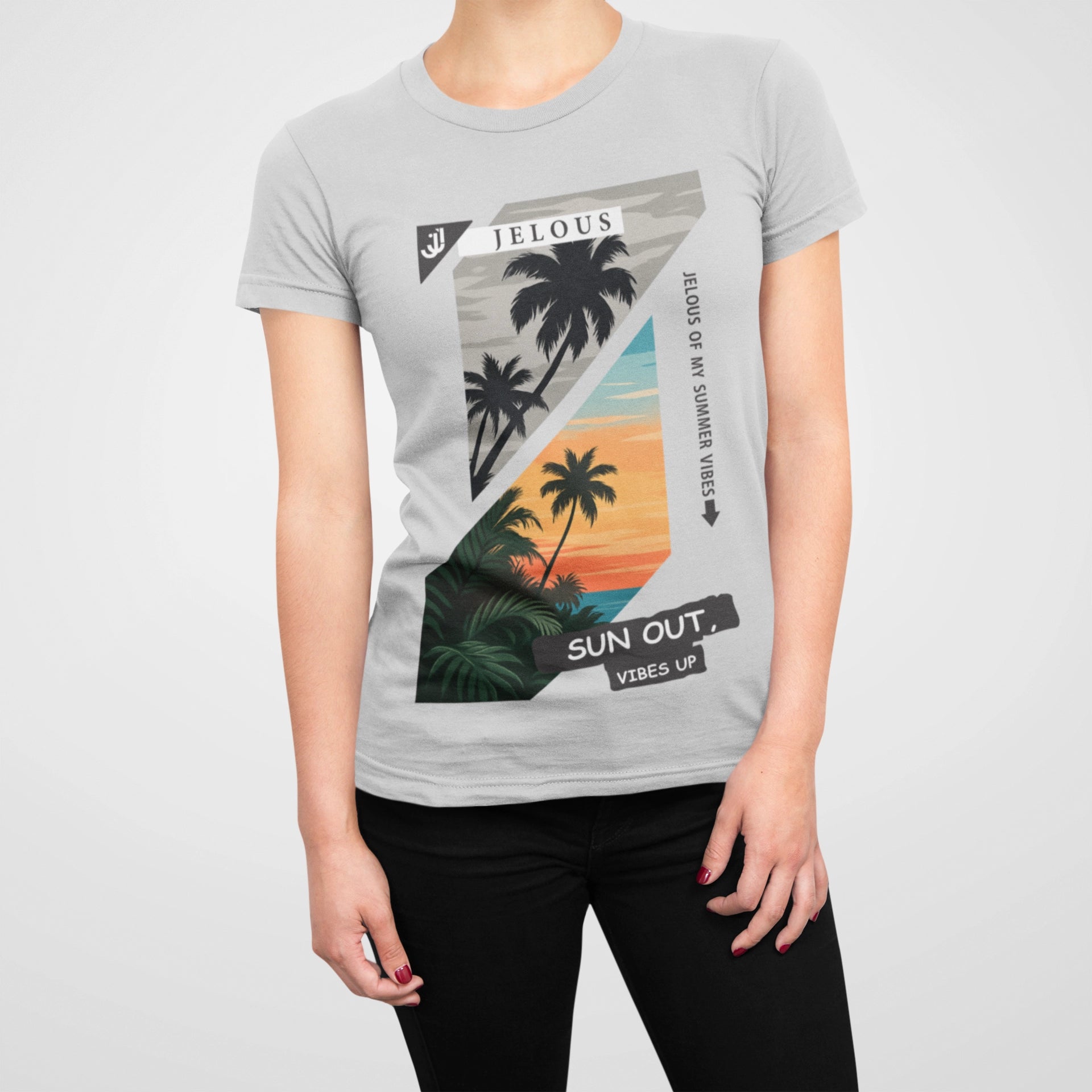 grey women’s T-shirt with tropical sunset palm print and “Sun Out Vibes Up” summer design by JELOUS.