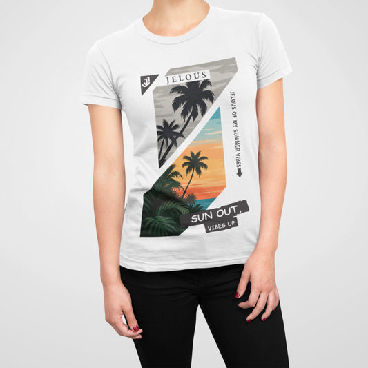 White women’s T-shirt with tropical sunset palm print and “Sun Out Vibes Up” summer design by JELOUS.