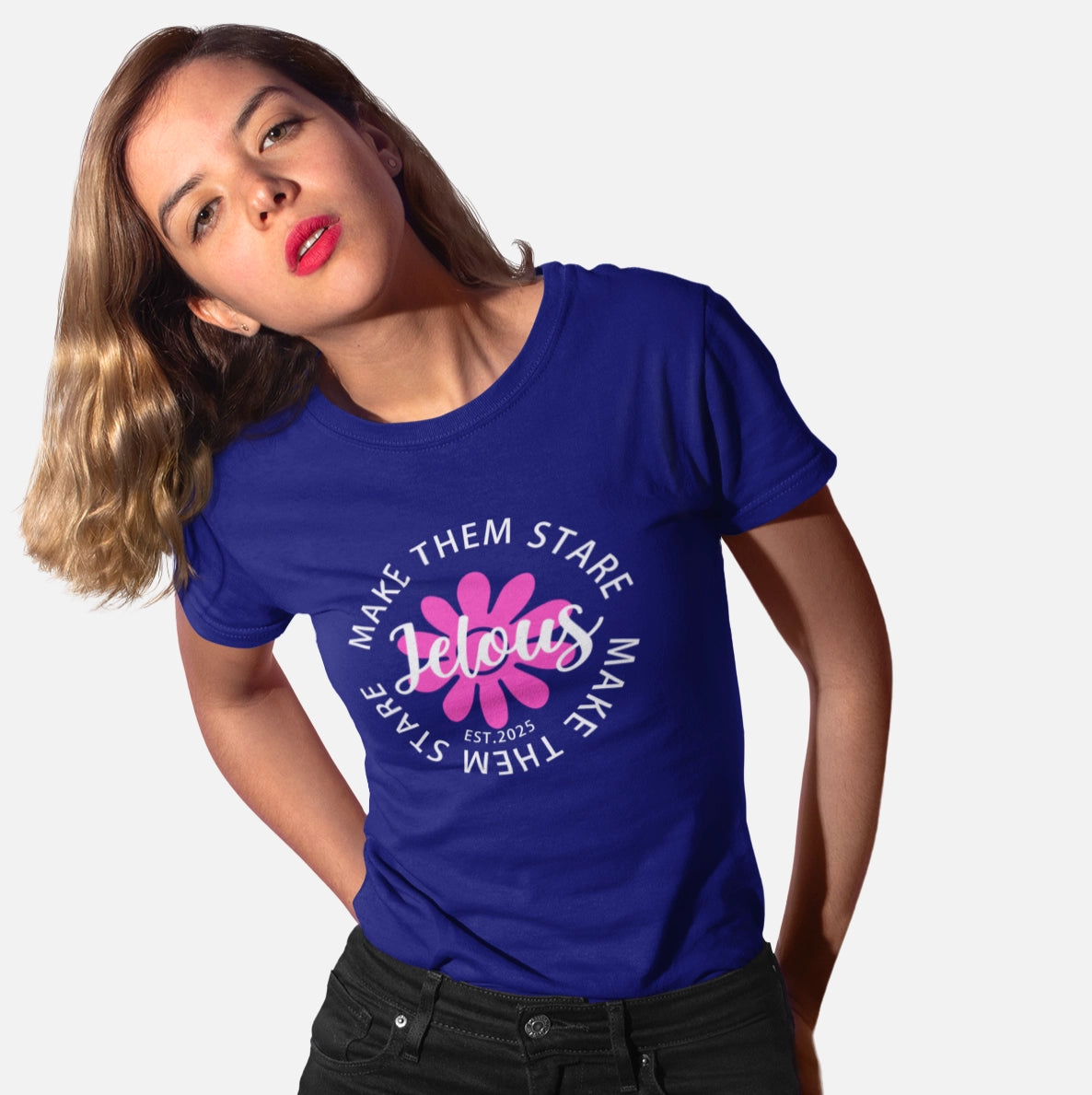 blue women’s T-shirt with ‘Make Them Stare’ graphic – 100% cotton, regular fit, locally made