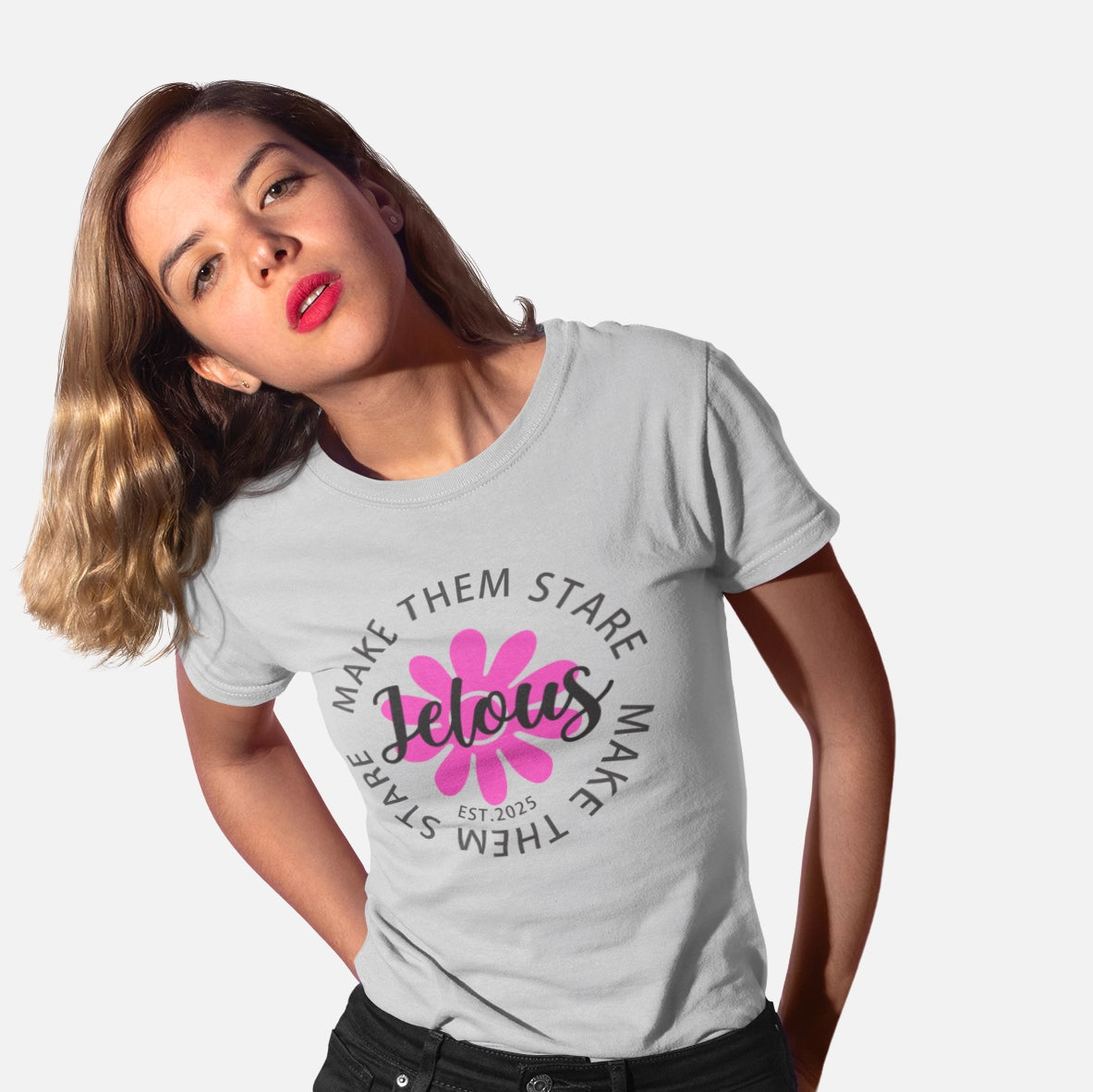 grey women’s T-shirt with ‘Make Them Stare’ graphic – 100% cotton, regular fit, locally made