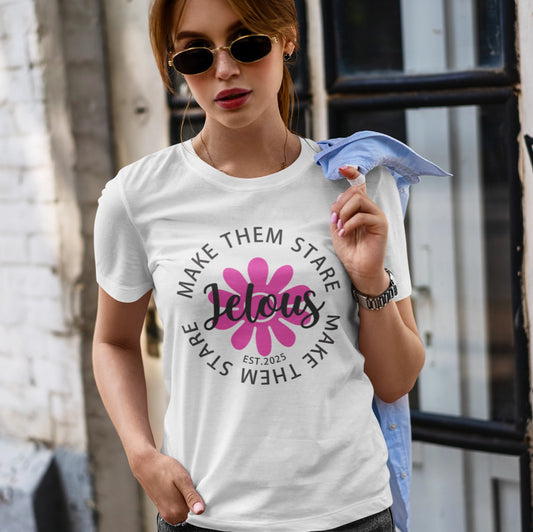 White women’s T-shirt with ‘Make Them Stare’ graphic – 100% cotton, regular fit, locally made