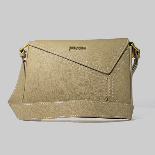 Beige genuine cowhide leather handbag named The Jelous Astra with a geometric front flap, magnetic closure, and two detachable straps.